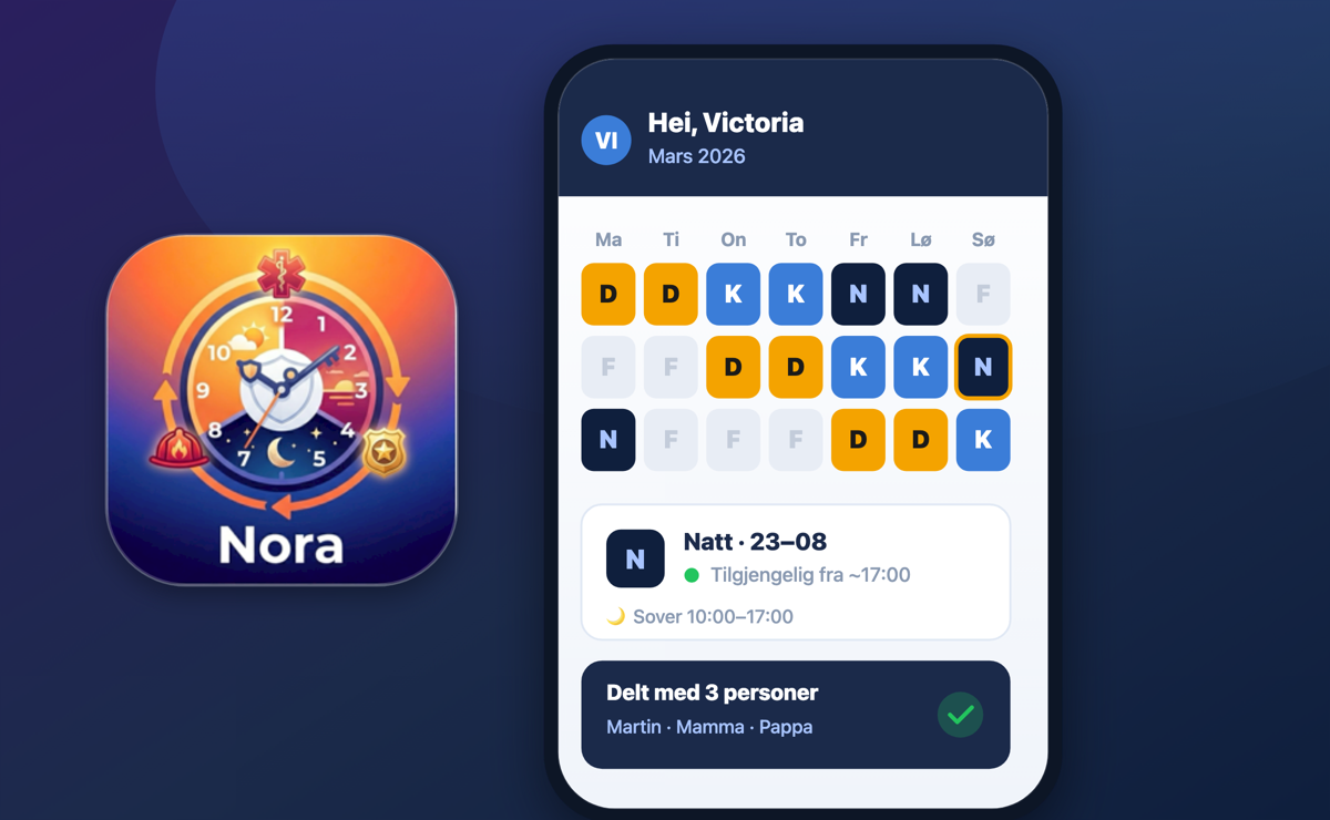 Nora – shift and rotation calendar showing a night shift, sleep window and sharing with family