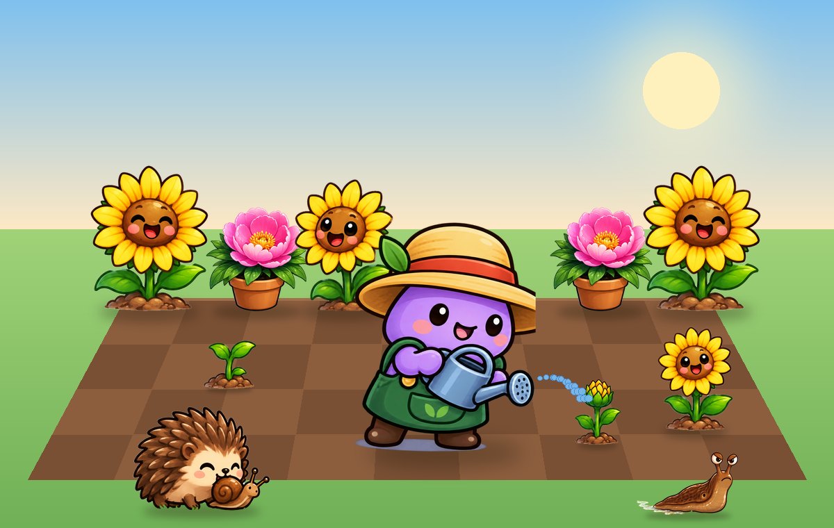 The Gardener Bloom Patch – the gardener waters a sprout among sunflowers and peonies, while the hedgehog eats a snail and a slug creeps in