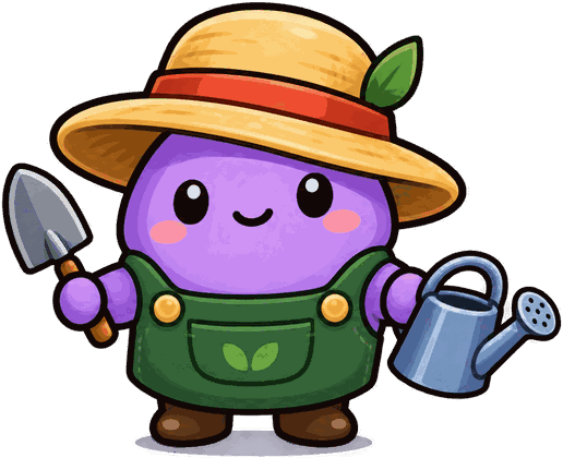 The gardener, a round purple character in a straw hat with a watering can