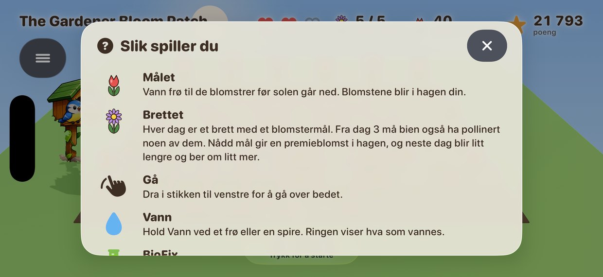 Hjelpekortet, én rad per ting med tegningen og en kort forklaring