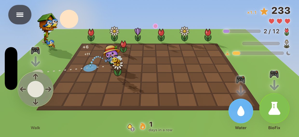 Gameplay: the gardener waters a seed while a bee pollinates a daisy